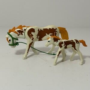 Vintage Playmobil Pinto Horse and Foal Set with Bridle Lead Rope Brown White